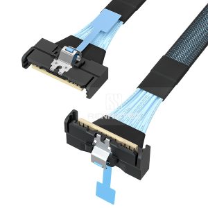 MCIO x8 cable with a MCIO x8 end, straight to right angle connector configuration
