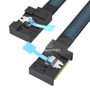 MCIO x8 cable with a MCIO x8 end, right exit to left exit connector configuration