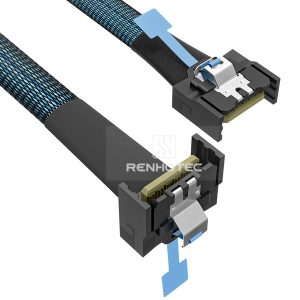 MCIO x4 cable with a MCIO x4 end, straight to right angle connector configuration