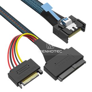 MCIO x4 cable with a U.2 SFF-8639 end and 15-pin power connector