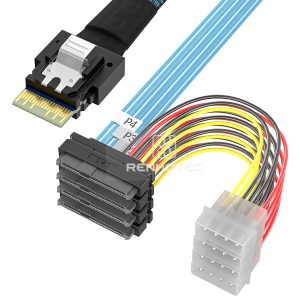 SlimSAS SFF-8654 4i cable with 4 SAS SFF-8482 branches and 4-pin peripheral power connectors