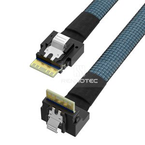 SlimSAS SFF-8654 4i cable with a SlimSAS SFF-8654 4i end, right angle connector configuration