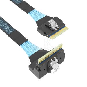 SlimSAS SFF-8654 8i cable with a SlimSAS SFF-8654 8i end, right angle connector configuration