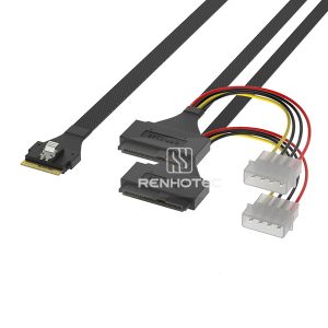 SlimSAS SFF-8654 8i cable with 2 U.2 SFF-8639 branches and 4-pin peripheral power connectors