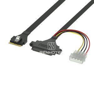 SlimSAS SFF-8654 8i cable with a U.2 SFF-8639 end and 4-pin peripheral power connector