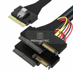 SlimSAS SFF-8654 8i cable with 2 U.2 SFF-8639 branches and 15-pin power connectors