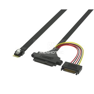 SlimSAS SFF-8654 4i cable with a U.2 SFF-8639 end and 15-pin power connector