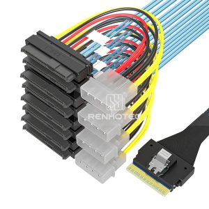 SlimSAS SFF-8654 8i cable with 8 SAS SFF-8482 branches and 4-pin peripheral power connectors