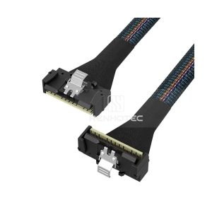 LP SlimSAS SFF-8654 8i cable with a LP SlimSAS SFF-8654 8i end, right angle connector configuration