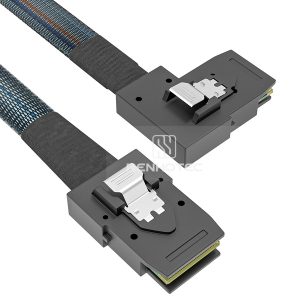 Mini-SAS SFF-8087 cable with a Mini-SAS SFF-8087 end, straight to right bend connector configuration
