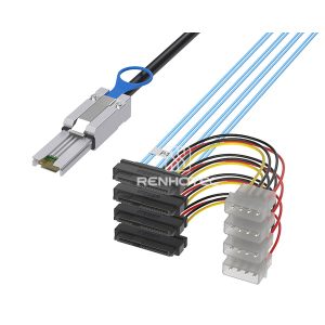 Mini-SAS SFF-8088 cable with 4 SAS SFF-8482 branches and 4-pin peripheral power connectors