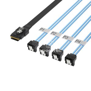 Mini-SAS SFF-8087 cable with 4 SATA branches, straight to right angle connector configuration
