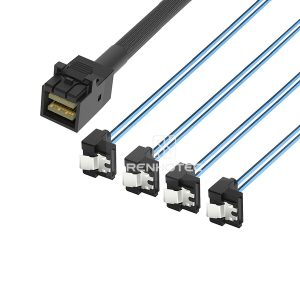 Mini-SAS HD SFF-8643 cable with 4 SATA branches, right angle connector configuration