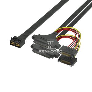 Mini-SAS HD SFF-8643 8i cable with 2 U.2 SFF-8639 branches and 15-pin power connectors