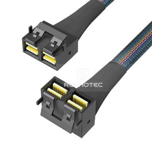 Mini-SAS HD SFF-8643 8i cable with a Mini-SAS HD SFF-8643 8i end, right angle connector configuration