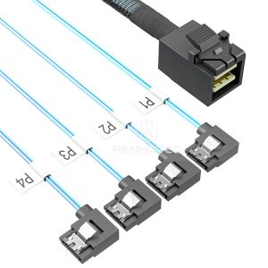 Mini-SAS HD SFF-8643 cable with 4 SATA branches, right bend connector configuration