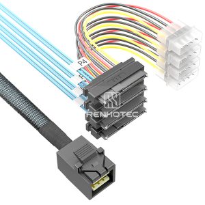 Mini-SAS HD SFF-8643 cable with 4 SAS SFF-8482 branches and 4-pin peripheral power connectors