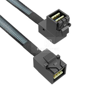 Mini-SAS HD SFF-8643 cable with a Mini-SAS HD SFF-8643 end, right angle connector configuration