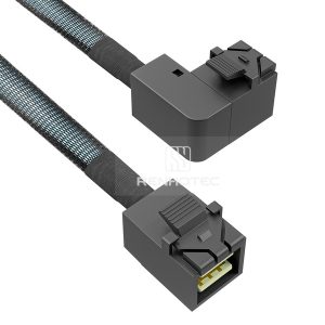 Mini-SAS HD SFF-8643 cable with a Mini-SAS HD SFF-8643 end, left bend connector configuration