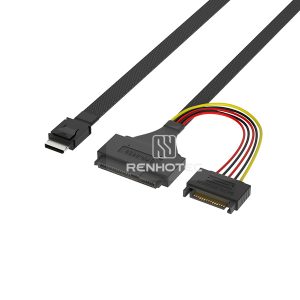 OCuLink SFF-8611 4i cable with a U.2 SFF-8639 end and 15-pin SATA power connector