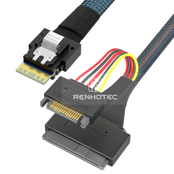 SlimSAS SFF-8654 4i cable with a U.2 SFF-8639 end and 15-pin SATA power connector