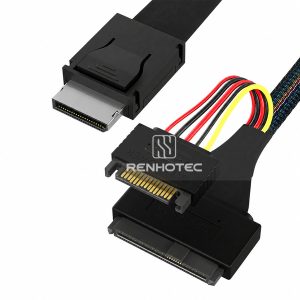 OCuLink SFF-8611 4i cable with a U.2 SFF-8639 end and 15-pin SATA power connector