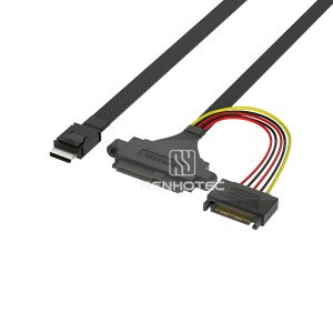 OCuLink SFF-8611 4i cable with a U.2 SFF-8639 end and 15-pin SATA power connector