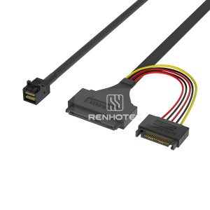 Mini-SAS HD SFF-8643 cable with a U.2 SFF-8639 end and 15-pin SATA power connector