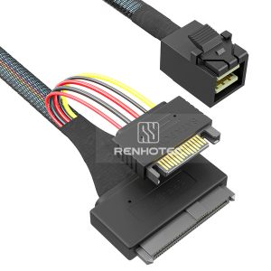 Mini-SAS HD SFF-8643 cable with a U.2 SFF-8639 end and 15-pin SATA power connector