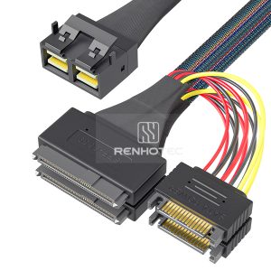 Mini-SAS HD SFF-8643 8i cable with 2 U.2 SFF-8639 branches and 15-pin SATA power connectors
