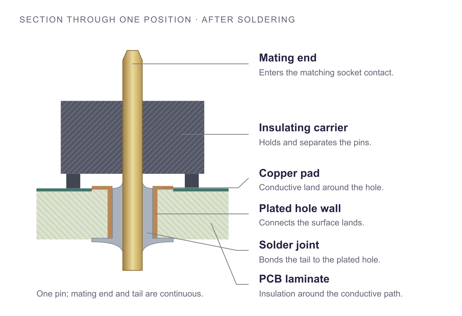 A continuous pin passes through an insulating carrier into a plated PCB hole. Solder bonds the tail to the copper hole wall and surface pads; PCB laminate surrounds the joint.
