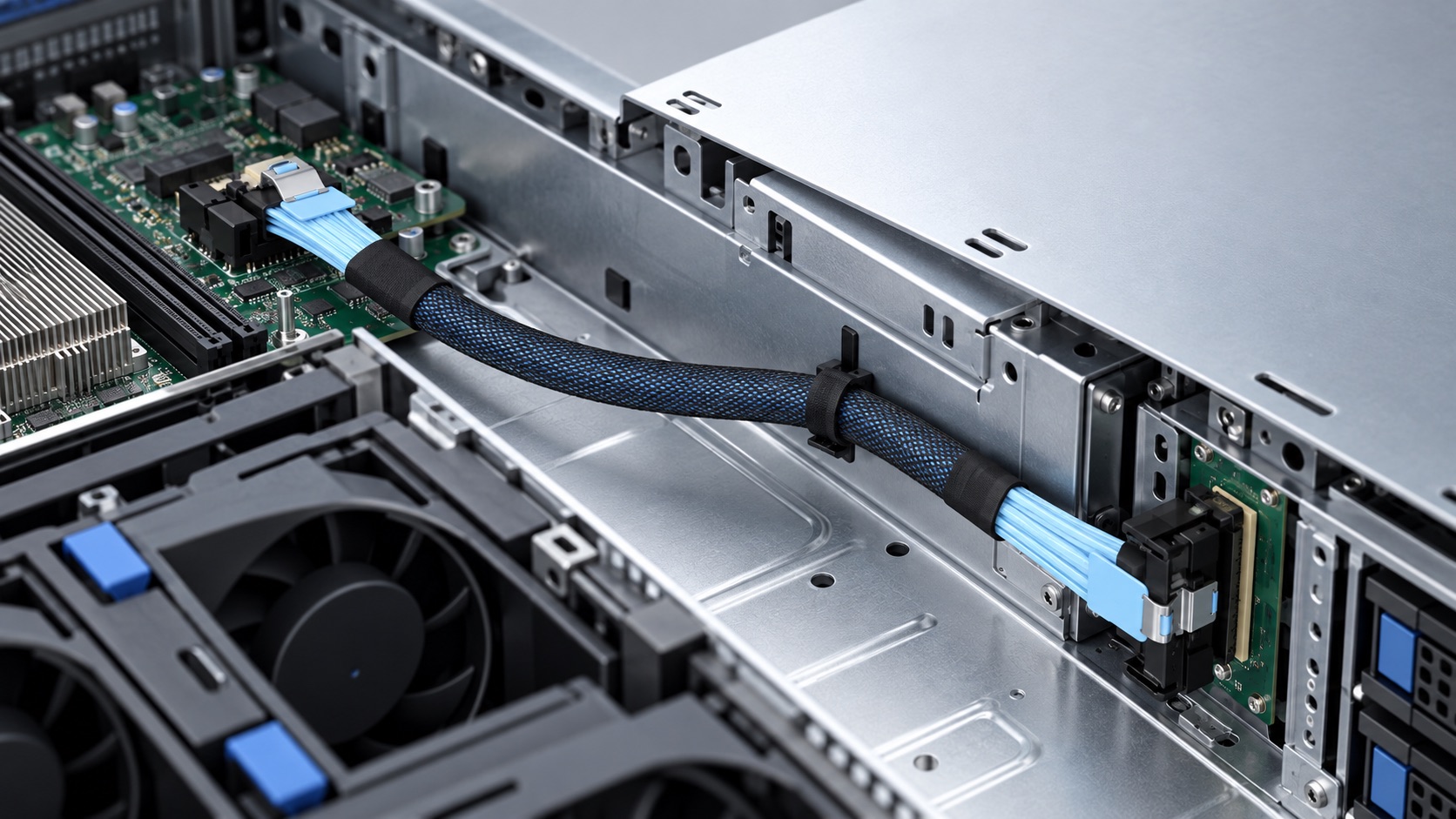 Application illustration of an MCIO cable route between two internal server boards
