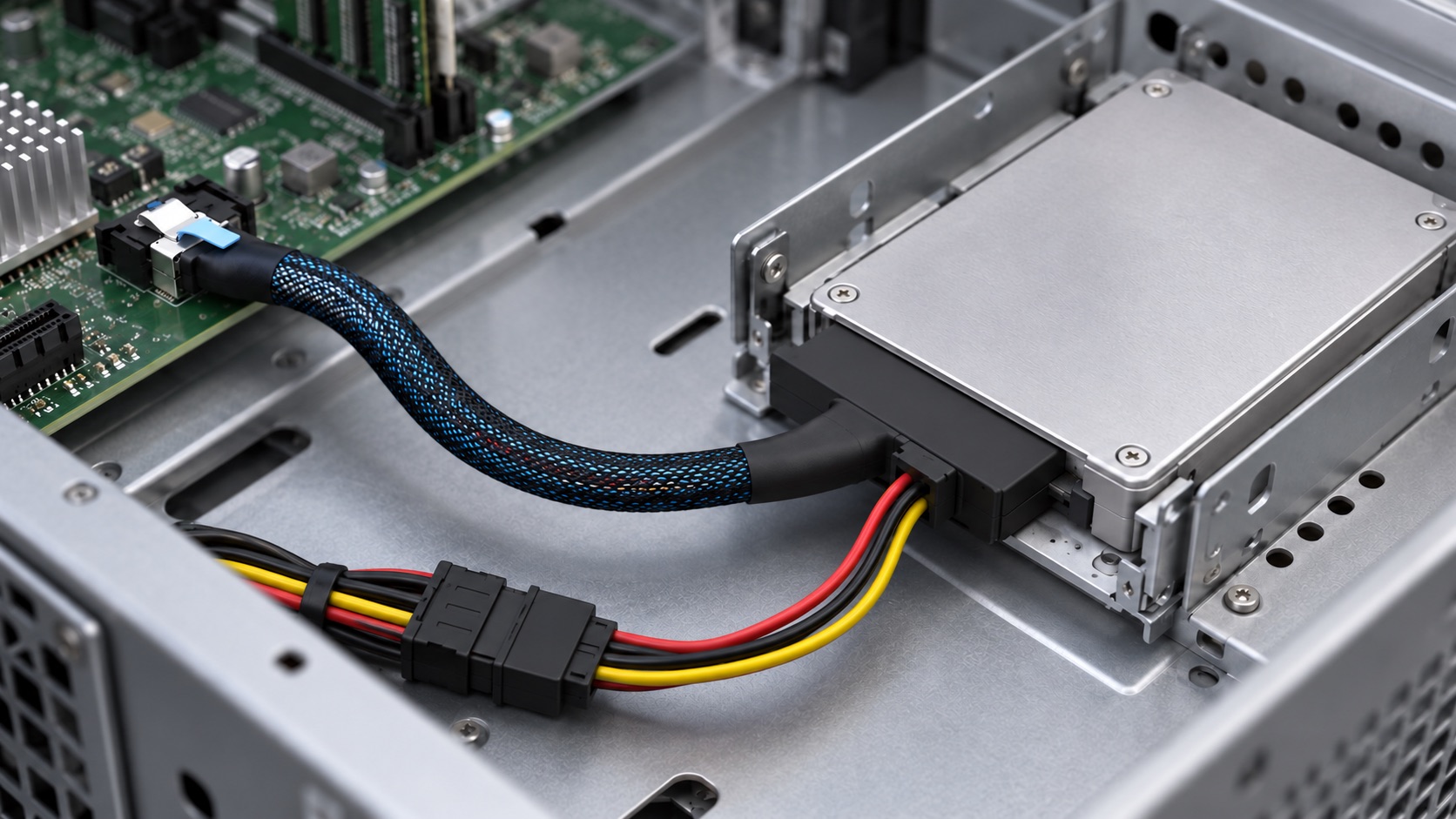 Application illustration of an MCIO-to-U.2 SSD connection with a separate power lead