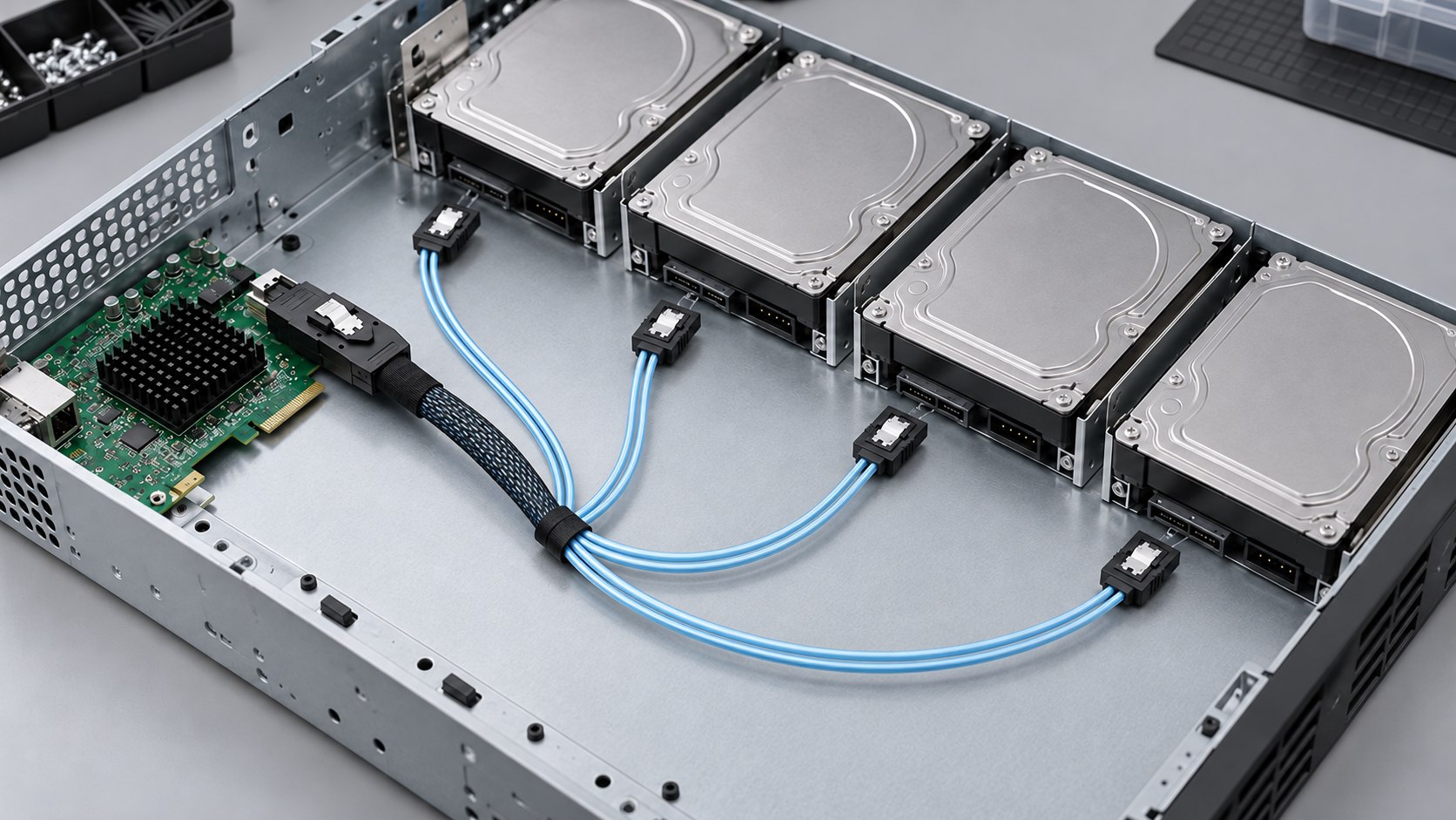 Application illustration of a four-drive chassis with a Mini-SAS breakout cable laid out before connection