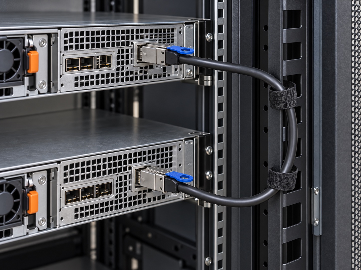 Application illustration of a Mini-SAS HD cable routed between two equipment panels through side-mounted cable supports, leaving blue release tabs accessible