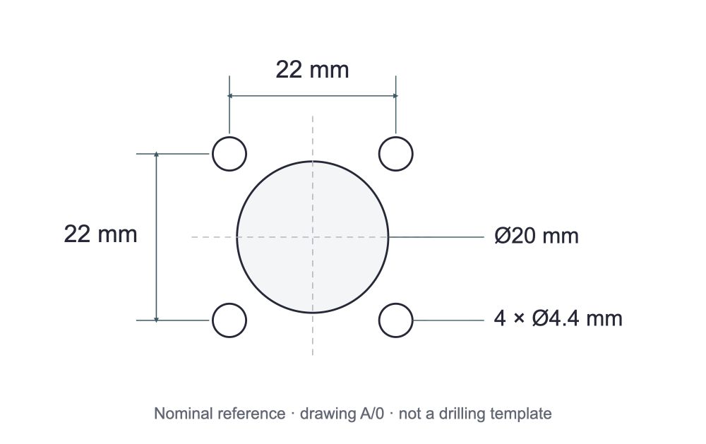 Panel reference: 20 millimeter center opening and four 4.4 millimeter mounting holes on a 22 by 22 millimeter pattern