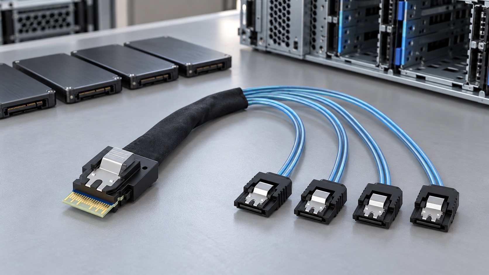 Application illustration of a SlimSAS four-SATA breakout laid out beside storage drives before installation