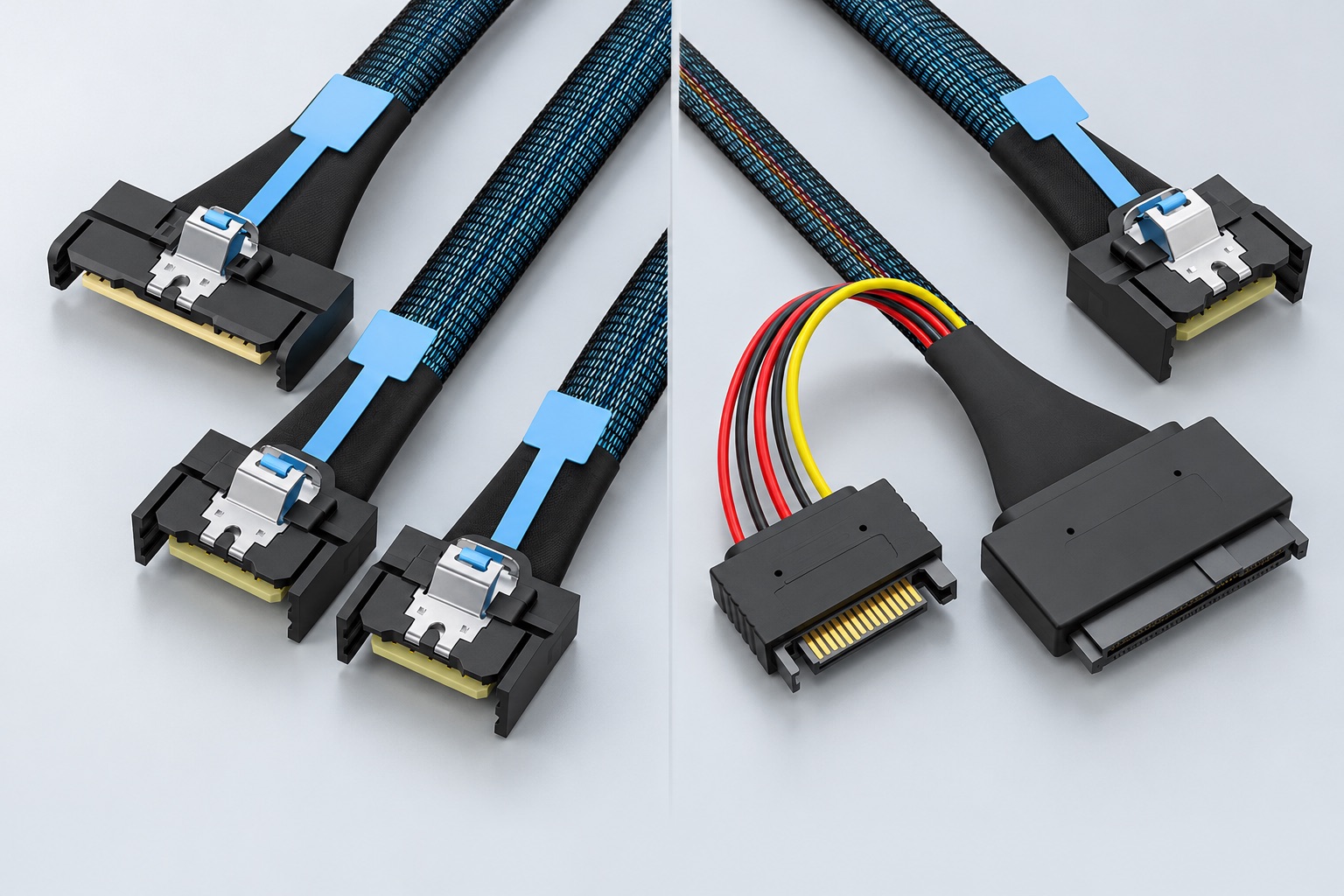 Illustration of an MCIO breakout beside an MCIO-to-U.2 cable with a separate power tail
