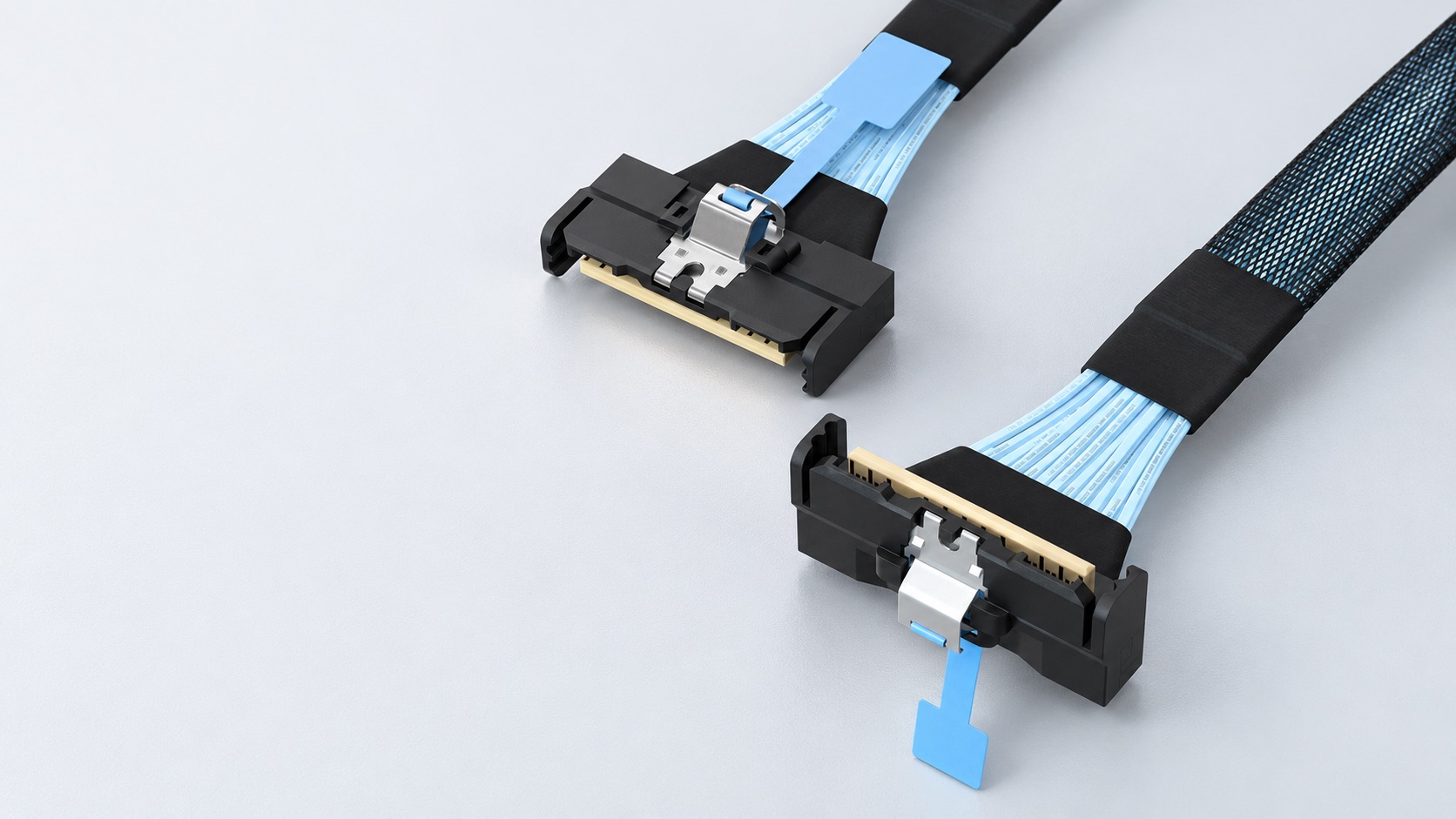 MCIO x8 cable with straight and right-angle connectors, illustration