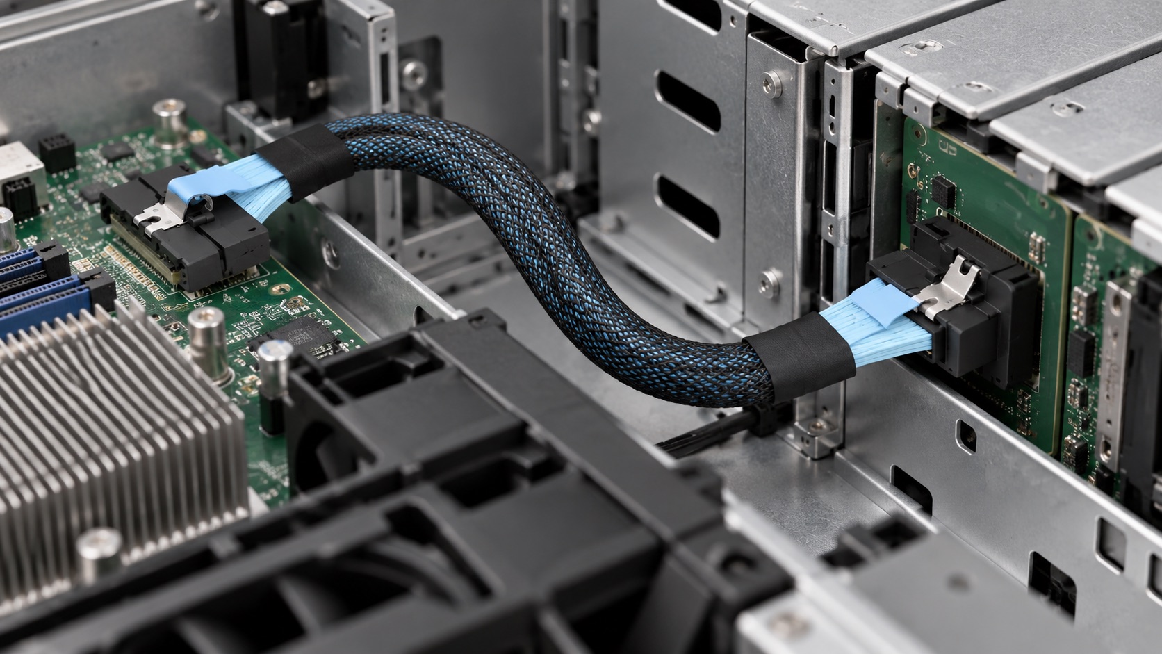 MCIO cable routed between a motherboard and storage backplane inside a server chassis, application illustration
